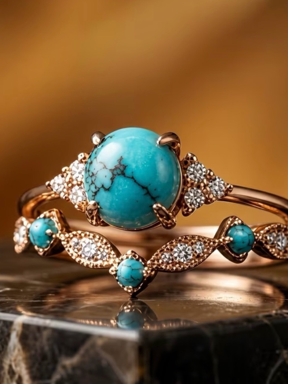 Turquoise & Rose Gold Statement Ring Set